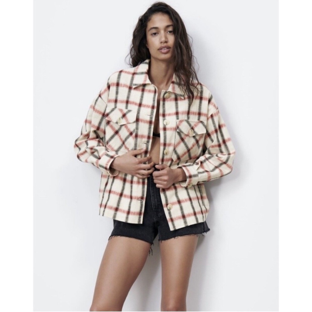 Zara Italian Yarn Plaid Button Up Shacket Barn Jacket
